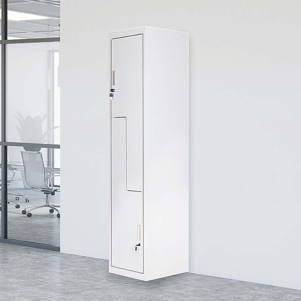 White two-door vertical locker ideal for office gym storage, affordable and space-saving solution for personal use.