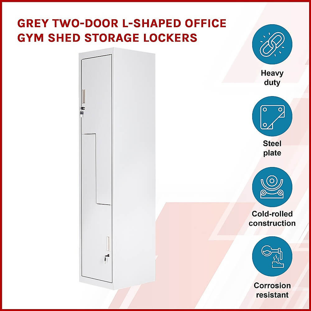 Affordable grey two-door L-shaped office gym locker with heavy-duty steel construction, corrosion-resistant design.