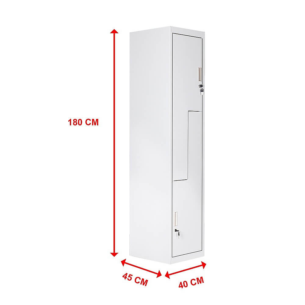 Affordable L-shaped grey two-door locker, 180 cm tall, ideal for gym or home storage, offering quality and space-saving design.