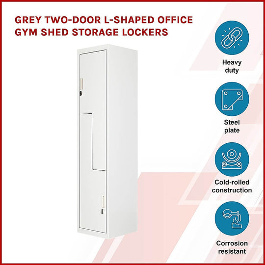 Grey two-door L-shaped office gym shed storage lockers, heavy-duty, corrosion-resistant, affordable quality solution.