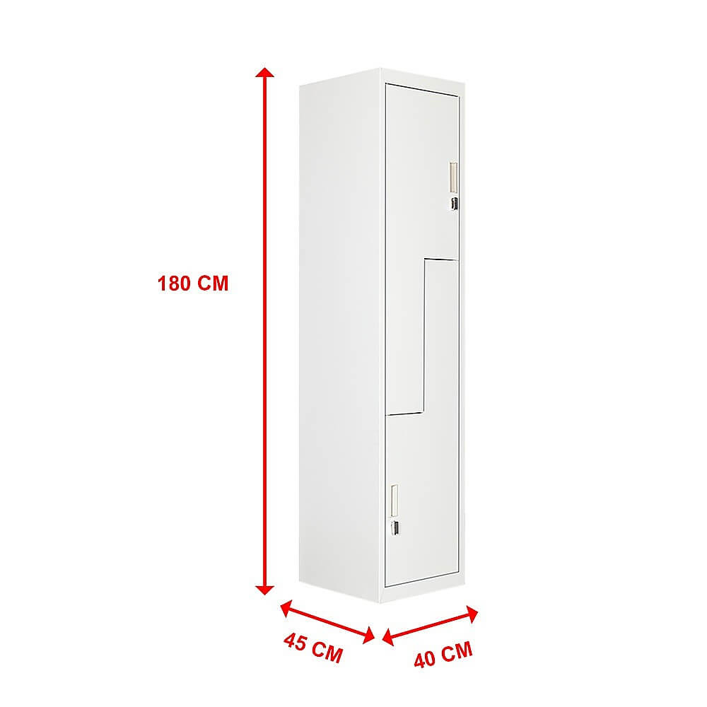 Affordable grey two-door L-shaped office gym shed storage locker with dimensions 180 cm by 45 cm by 40 cm.