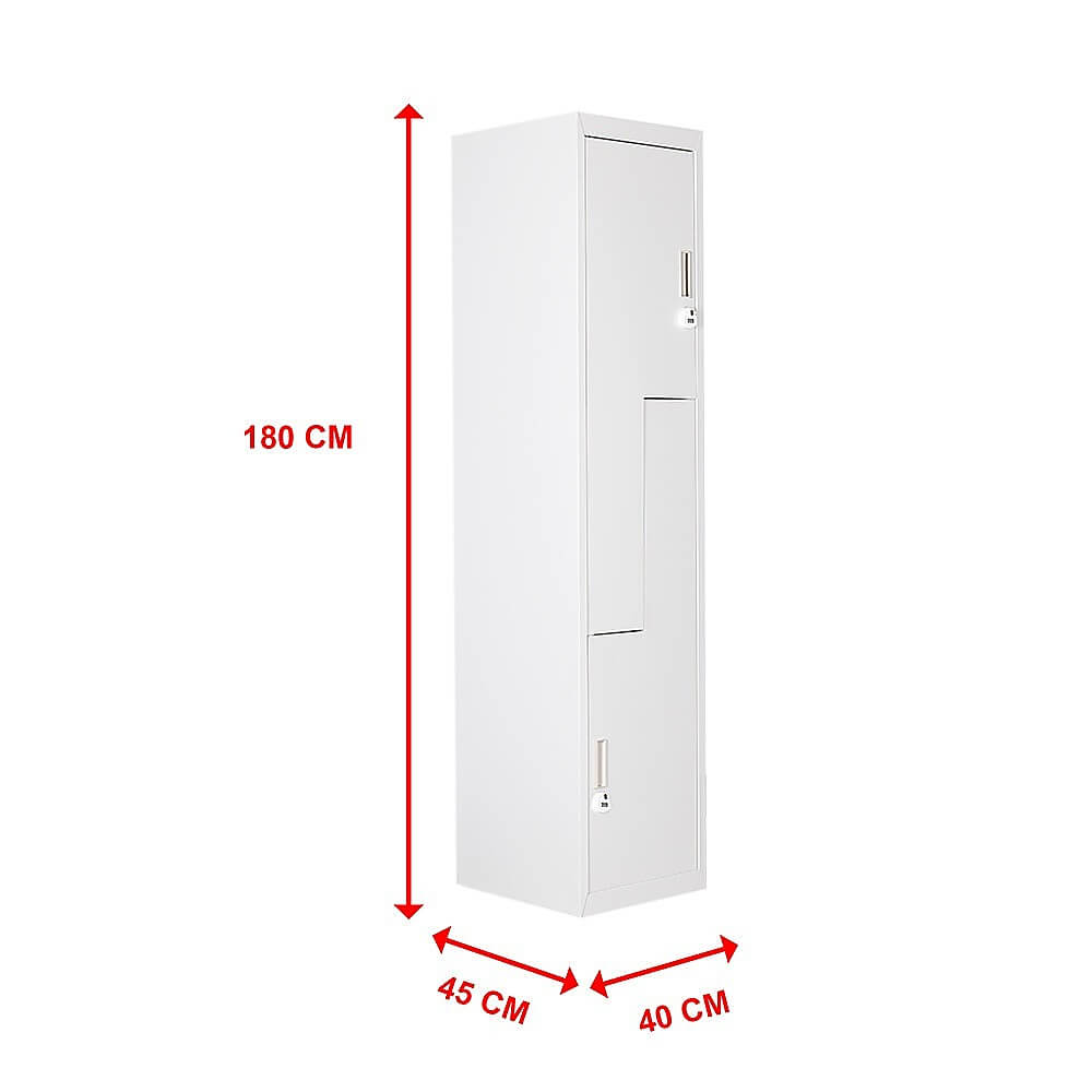 Grey two-door L-shaped locker, 180 cm tall, space-saving storage for clothes, ideal for personal or business use.