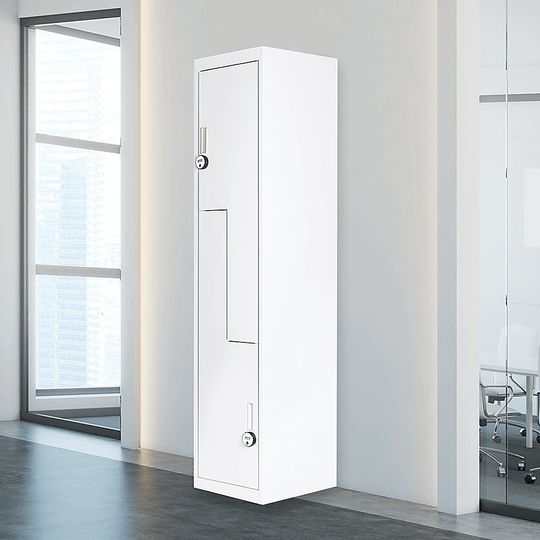 Affordable grey two-door L-shaped office gym locker for personal and business use in modern spaces.