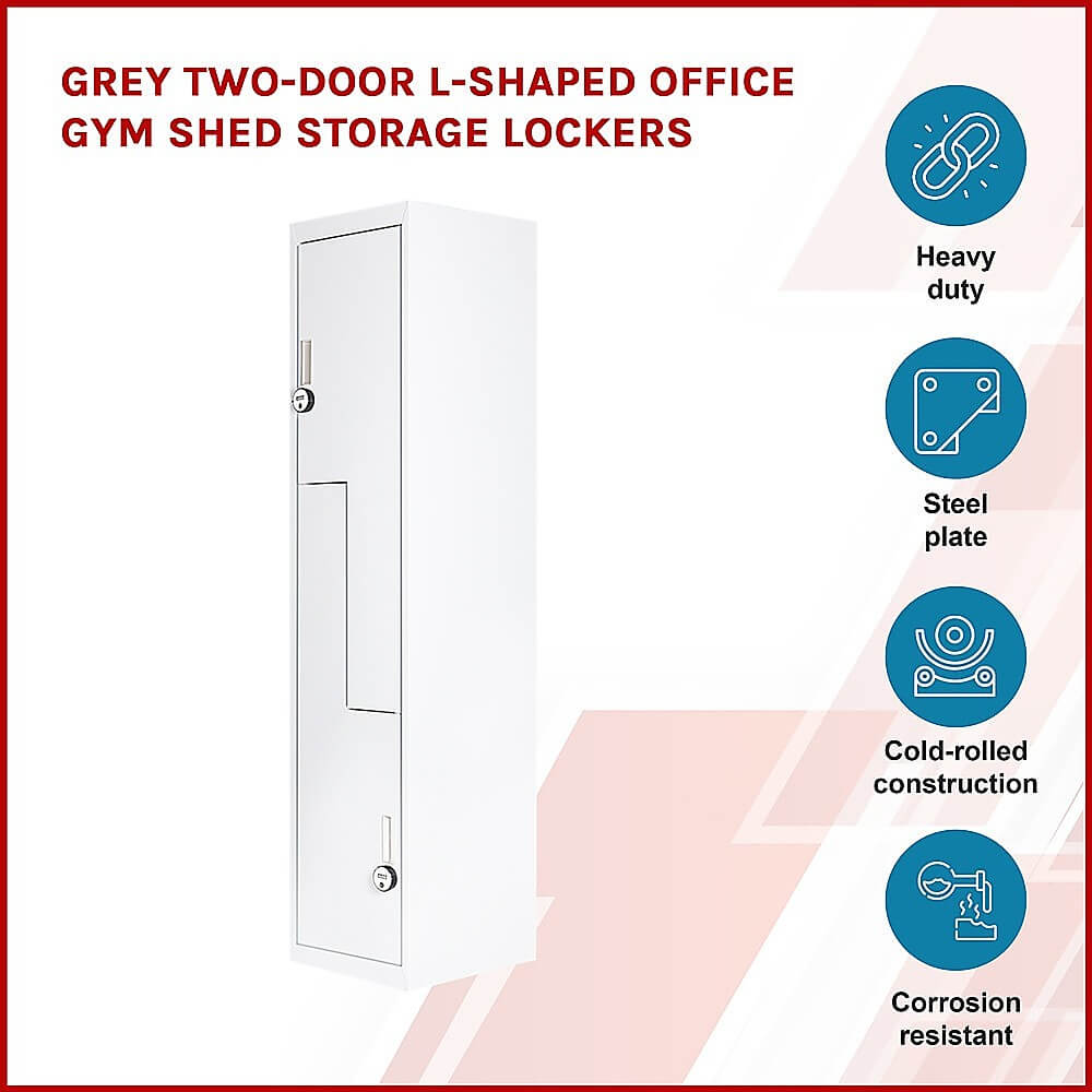 Grey two-door L-shaped locker for office or gym, affordable and durable storage solution with corrosion-resistant design.