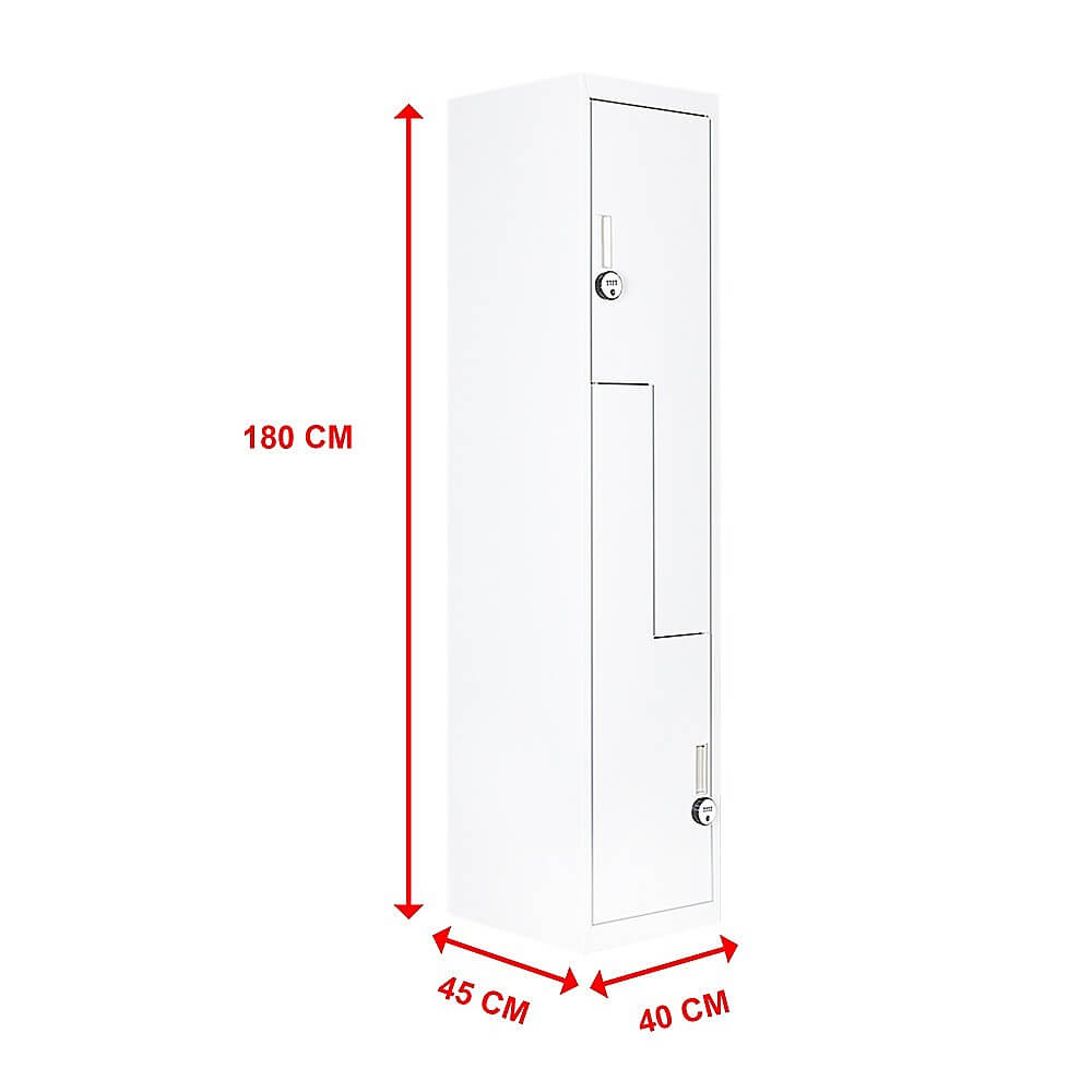 L-shaped grey two-door office gym shed locker, 180 cm tall, affordable storage solution for personal or business use.