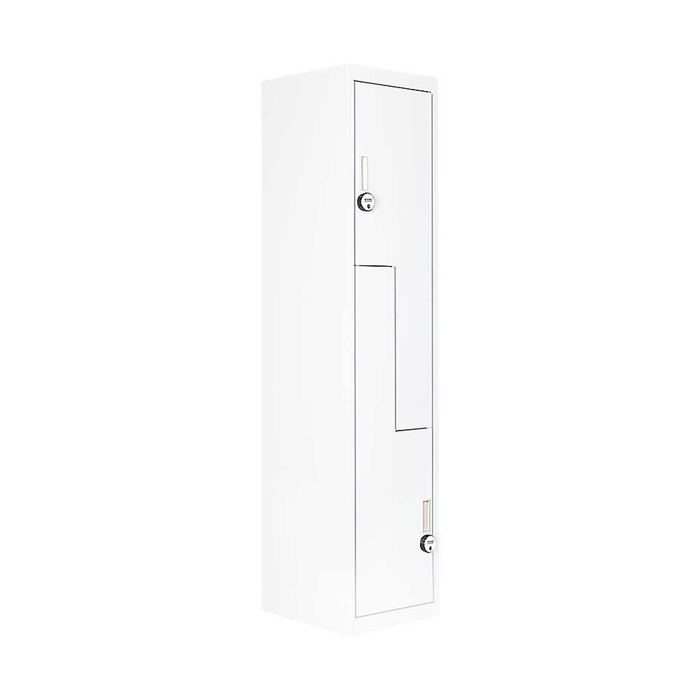 Affordable two-door L-shaped office gym locker in white, ideal for personal storage or business use.