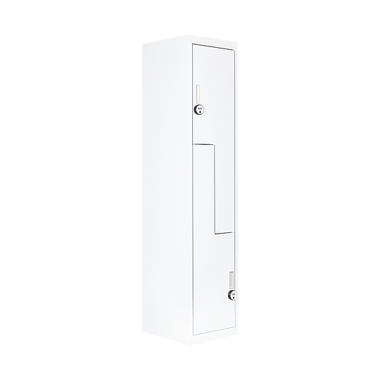 Affordable two-door L-shaped office gym locker in white, ideal for personal storage or business use.