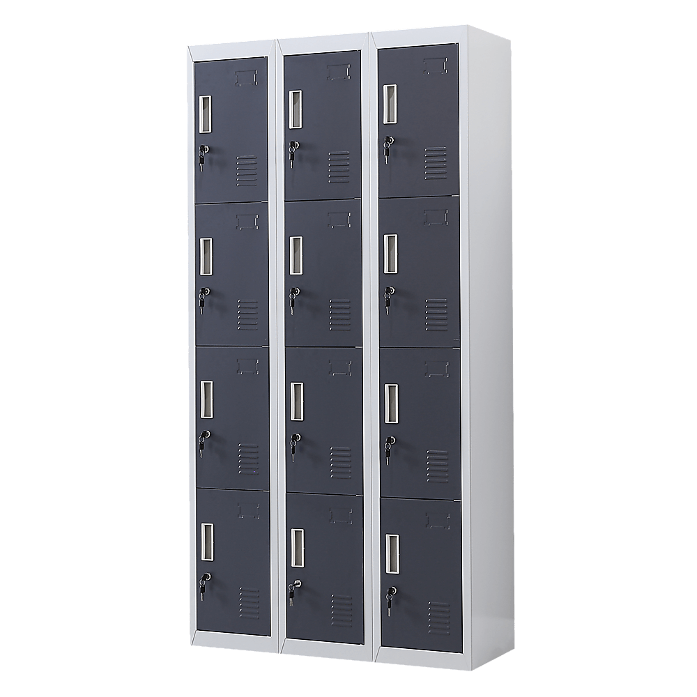 12-door locker unit with three columns, ideal for gym, office, and school storage solutions. Affordable and quality design.