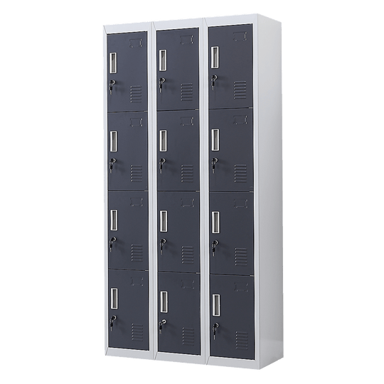 12-door locker unit with three columns, ideal for gym, office, and school storage solutions. Affordable and quality design.