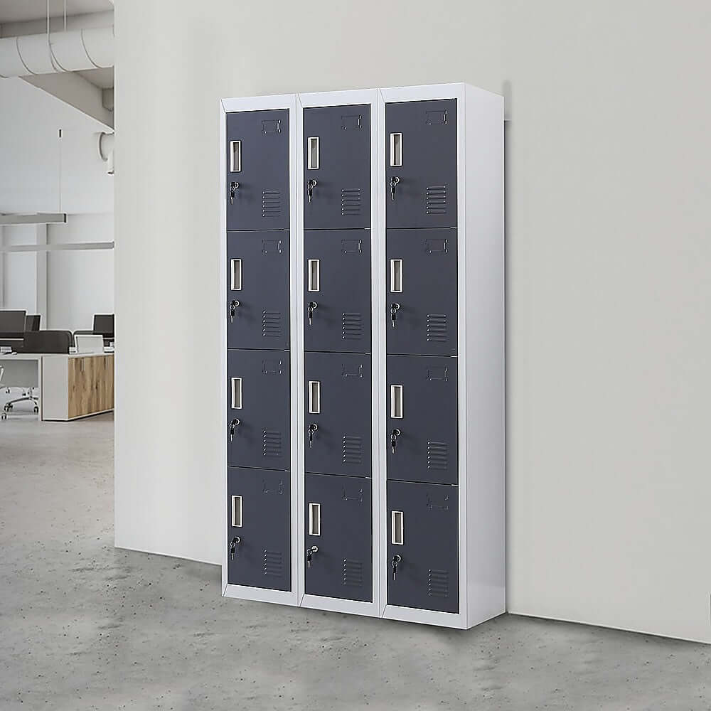 12-door storage locker unit for offices and gyms, offering affordable and quality personal item storage solutions.