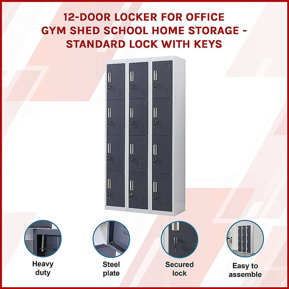 12-door locker for offices and gyms featuring heavy-duty steel, secured locks, and easy assembly for affordable storage solutions.