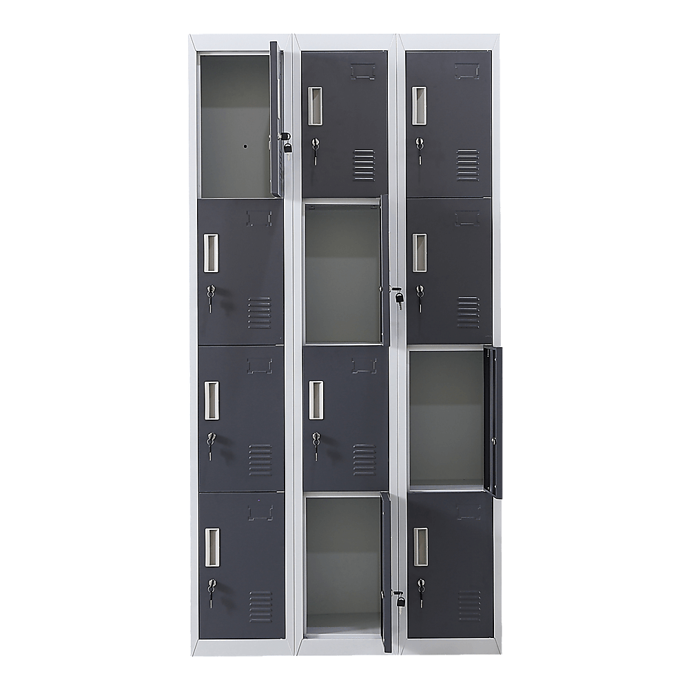 12-Door locker with standard locks and keys ideal for affordable storage in offices, gyms, and schools.