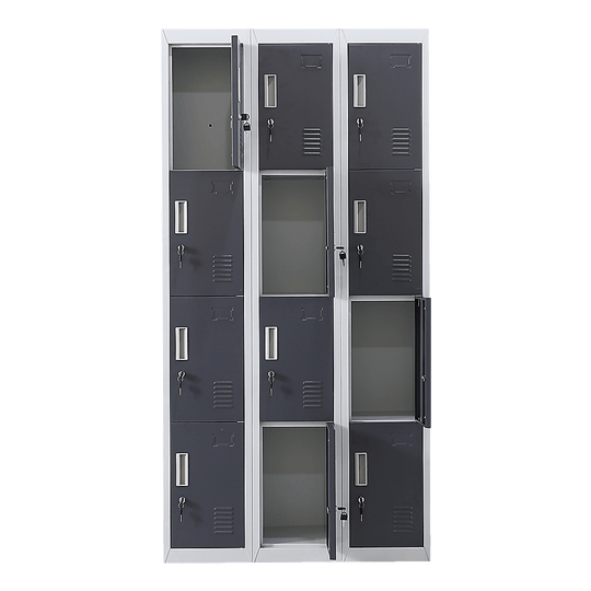 12-Door locker with standard locks and keys ideal for affordable storage in offices, gyms, and schools.