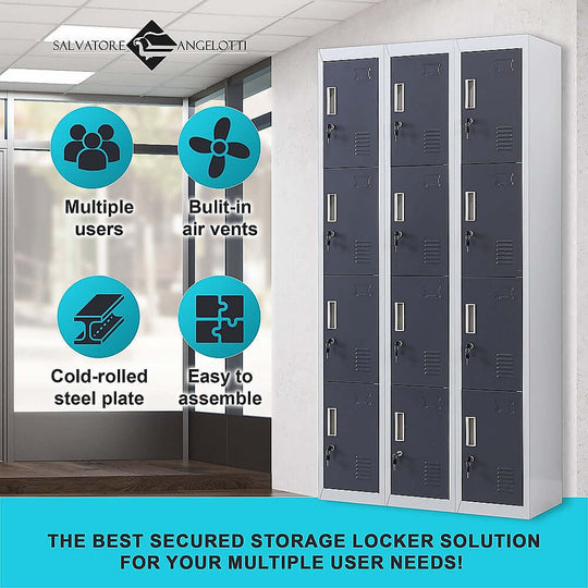 12-door office gym locker with air vents, cold-rolled steel, easy assembly, ideal for multi-user storage solutions.