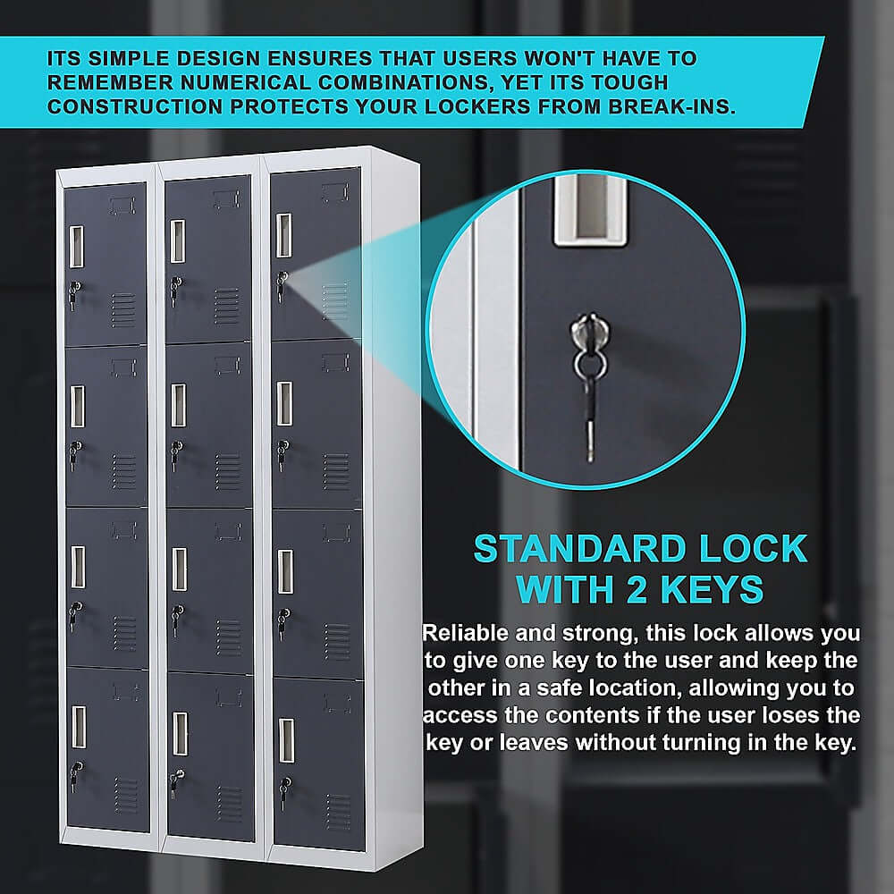 Standard lock with 2 keys for secure 12-door locker, perfect for offices, gyms, and schools, offering affordable quality storage.