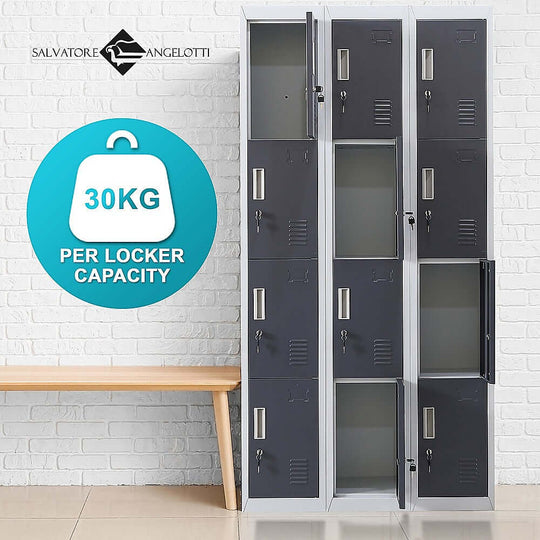 12-door locker unit with 30kg capacity per locker, ideal for office, gym, or school storage solutions.