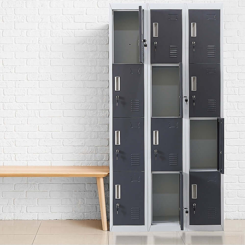 Affordable 12-door locker for office and gym storage, featuring quality design and locks with keys.