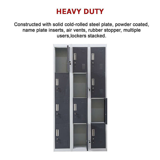 Heavy duty 12-door locker with solid steel construction for affordable, quality storage solutions in gyms, offices, and schools.