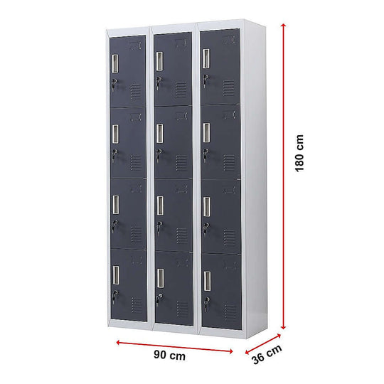 12-door locker unit for office, gym, or school use, with secure locks and ample storage space, 90 cm x 36 cm x 180 cm.