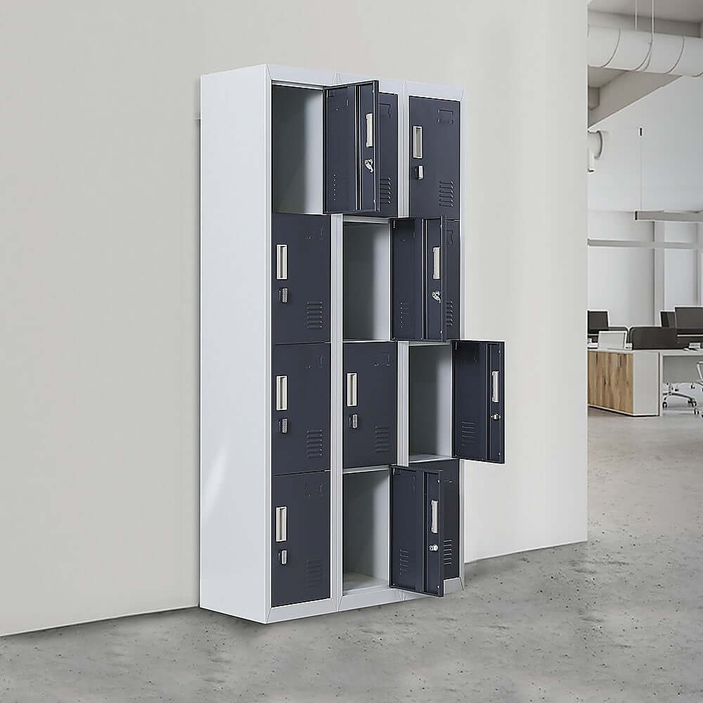 12-door locker storage solution for offices, gyms, and schools, featuring a sleek design with padlock-operated compartments.