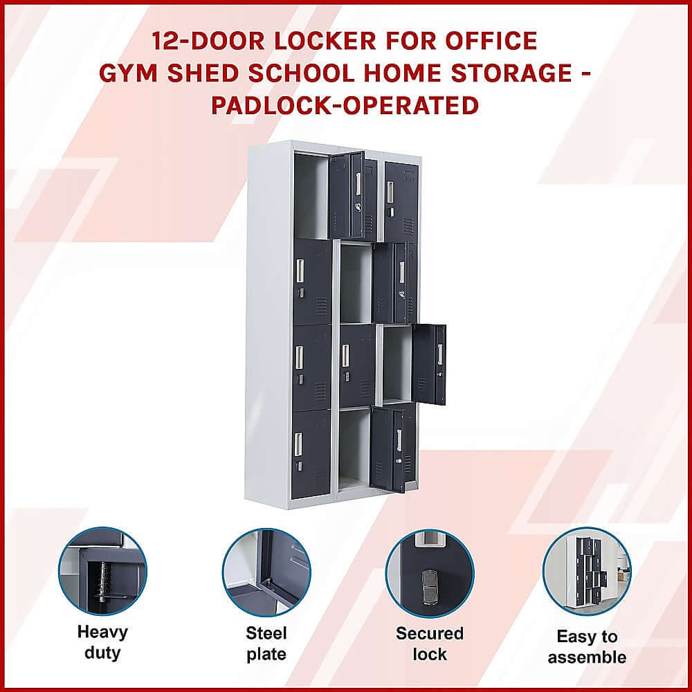 12-door locker for office gym and shed storage, featuring heavy duty design, secure locks, and easy assembly.