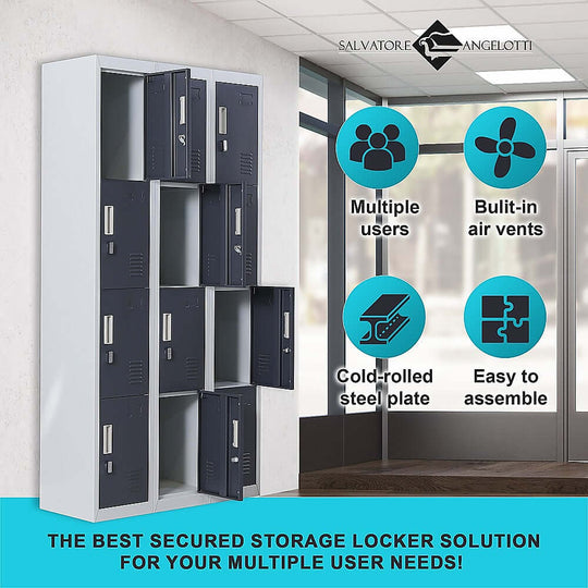 12-Door locker for secure storage, ideal for multiple users in offices, gyms, and schools - affordable and easy to assemble.