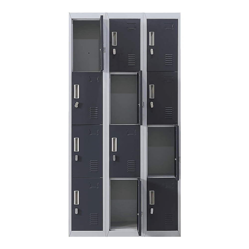 12-door padlock-operated locker for secure storage in offices, gyms, schools, and more, affordable quality design.