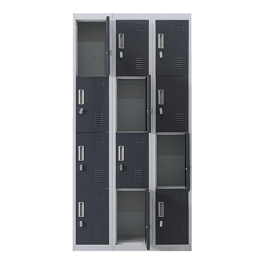 12-door padlock-operated locker for secure storage in offices, gyms, schools, and more, affordable quality design.