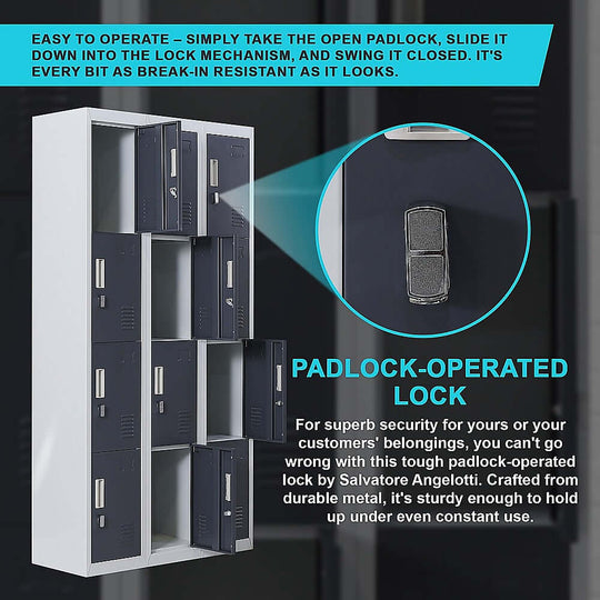 12-door locker with padlock-operated lock, ideal for secure storage in offices, gyms, and schools.