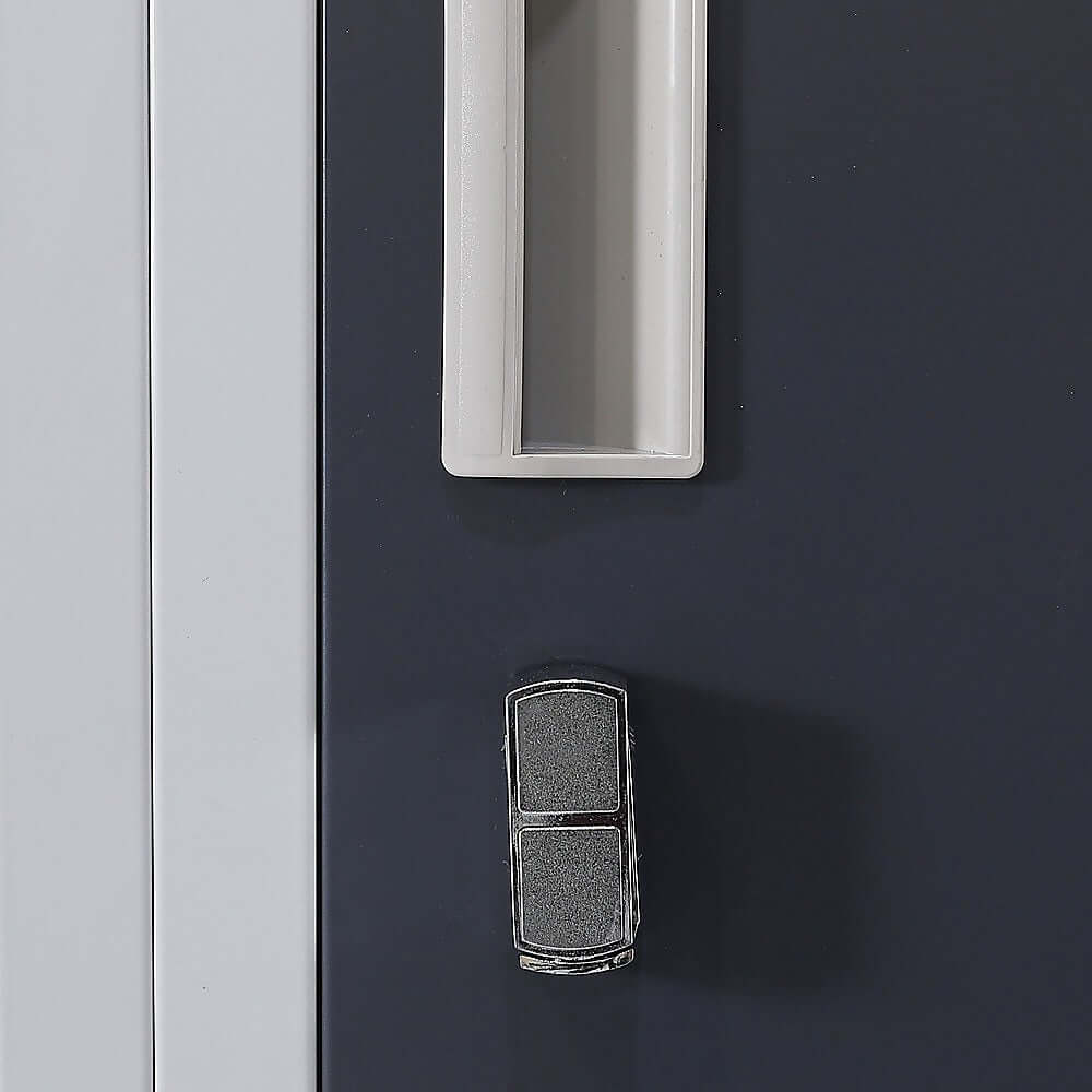 Close-up of a padlock mechanism on a 12-door storage locker for secure office and gym storage solutions.