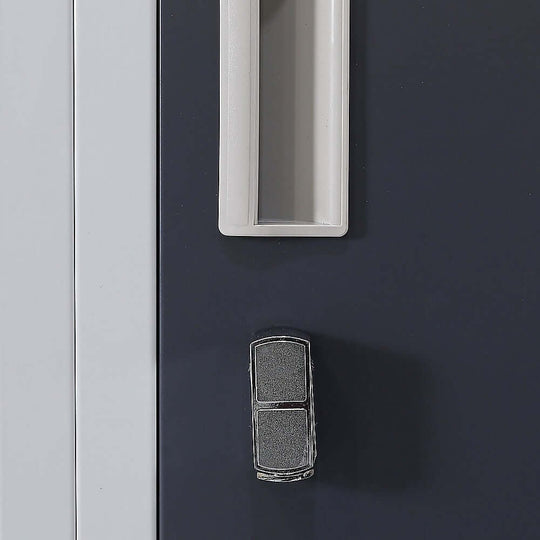 Close-up of a padlock mechanism on a 12-door storage locker for secure office and gym storage solutions.