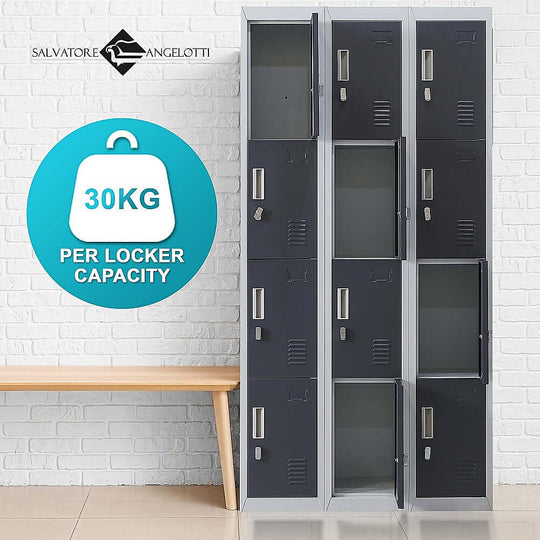 12-door padlock-operated locker unit with 30kg capacity per locker, ideal for gyms, schools, and office storage solutions.