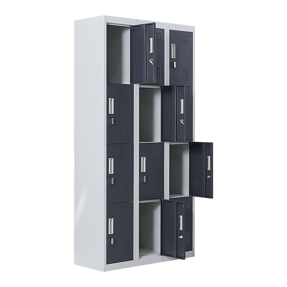 12-door locker storage solution with padlock-operated compartments for offices, gyms, and schools.