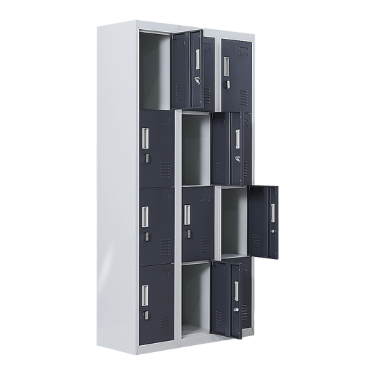 12-door locker storage solution with padlock-operated compartments for offices, gyms, and schools.