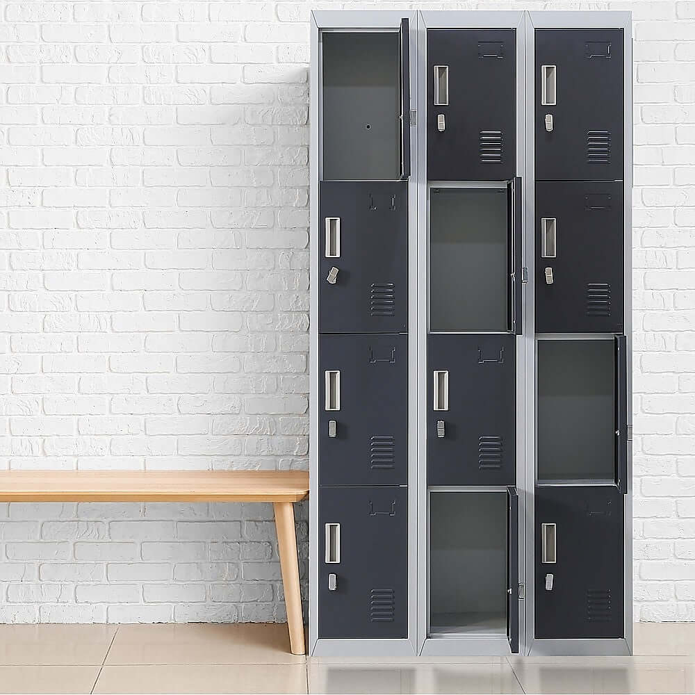 12-door padlock-operated locker unit for secure personal storage in offices, gyms, and schools; affordable quality design.