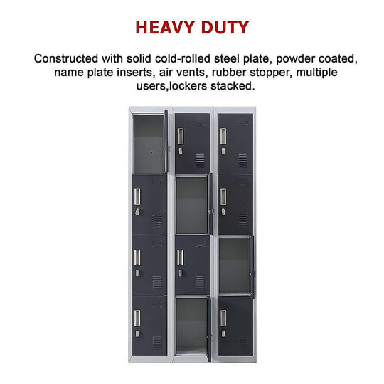 Heavy duty 12-door locker, constructed with cold-rolled steel, perfect for secure storage in offices, gyms, and schools.