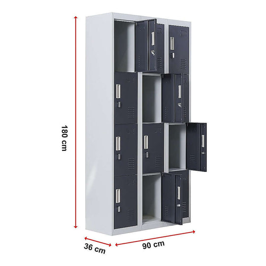 12-door grey locker unit for offices, gyms, schools, featuring affordable and quality storage solutions, 3x4 grid design.