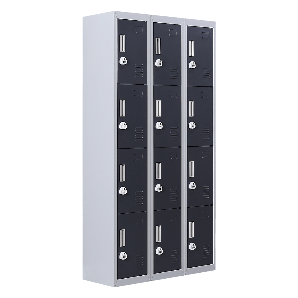 12-door locker with 3-digit combination lock, ideal for affordable storage in offices, gyms, and schools.