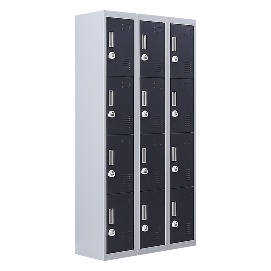 12-door locker with 3-digit combination lock, ideal for affordable storage in offices, gyms, and schools.