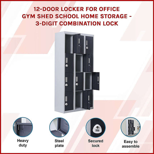 12-door locker for office and gym storage with 3-digit combination lock, featuring heavy-duty design and easy assembly.