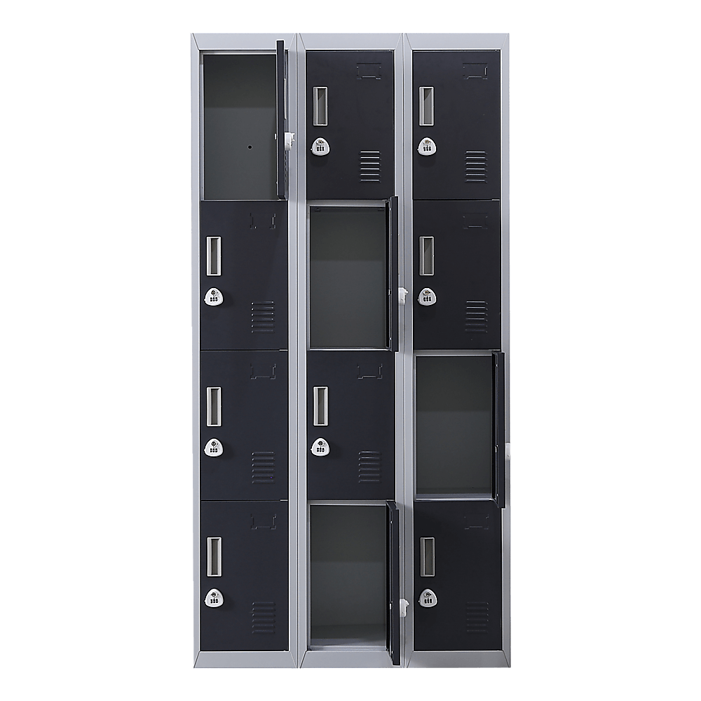 12-door locker unit with 3-digit locks, ideal for affordable and quality storage for offices, gyms, and schools.