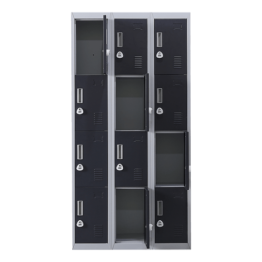 12-door locker unit with 3-digit locks, ideal for affordable and quality storage for offices, gyms, and schools.