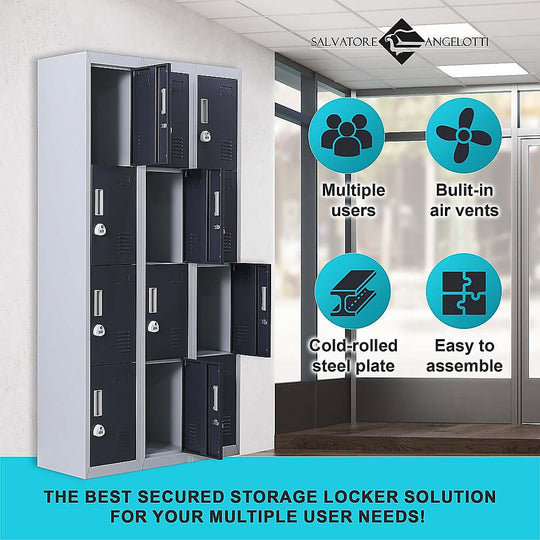 12-door storage locker unit ideal for offices and gyms with built-in air vents and easy assembly, affordable quality solution.