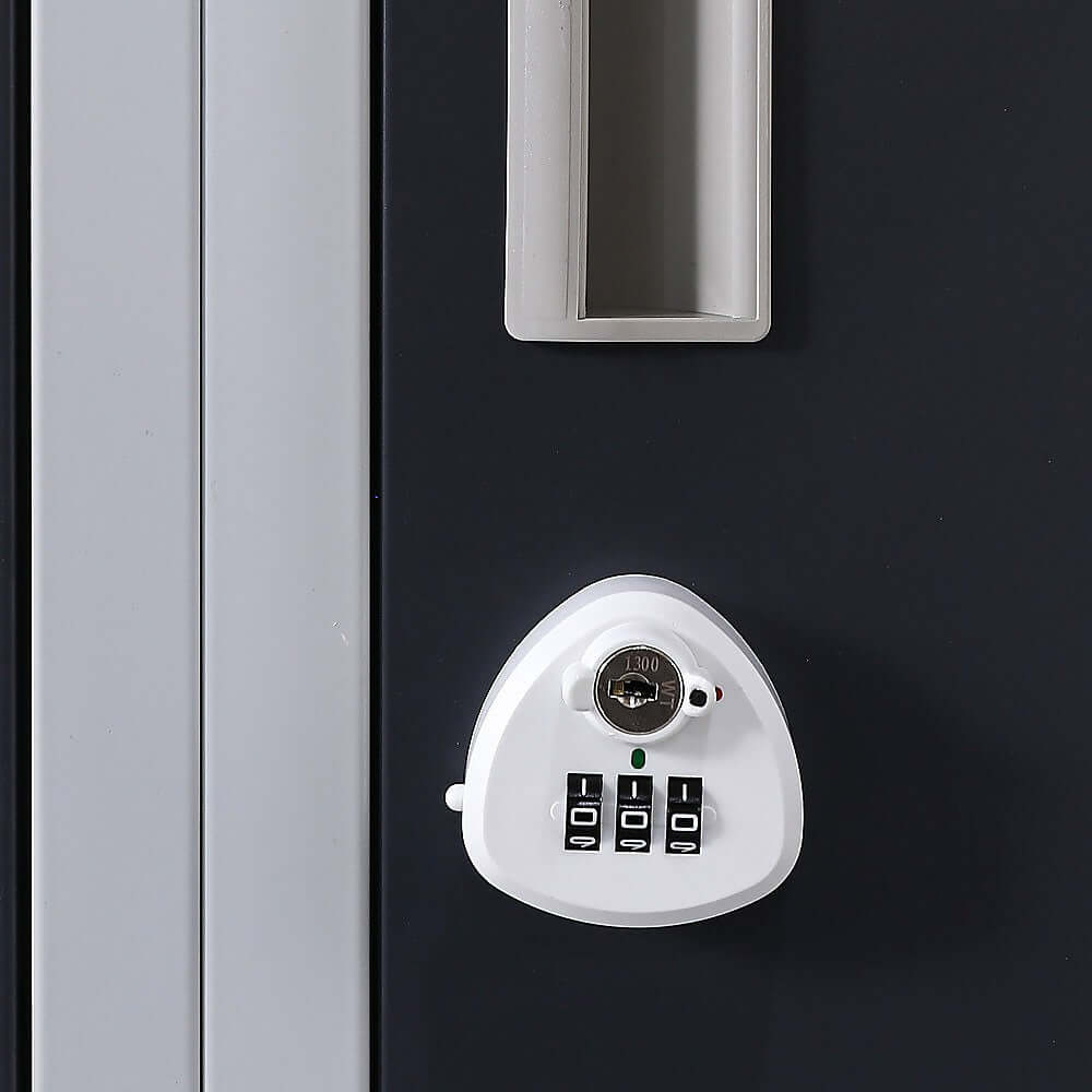 Close-up of a secure 3-digit combination lock on a 12-door locker, ideal for affordable storage solutions.