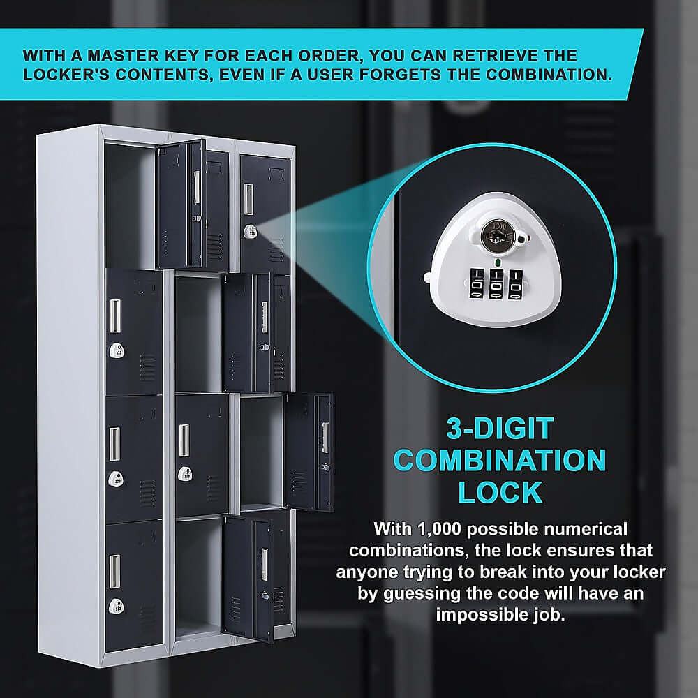 12-door locker featuring a secure 3-digit combination lock for safe storage in gyms, schools, and offices.