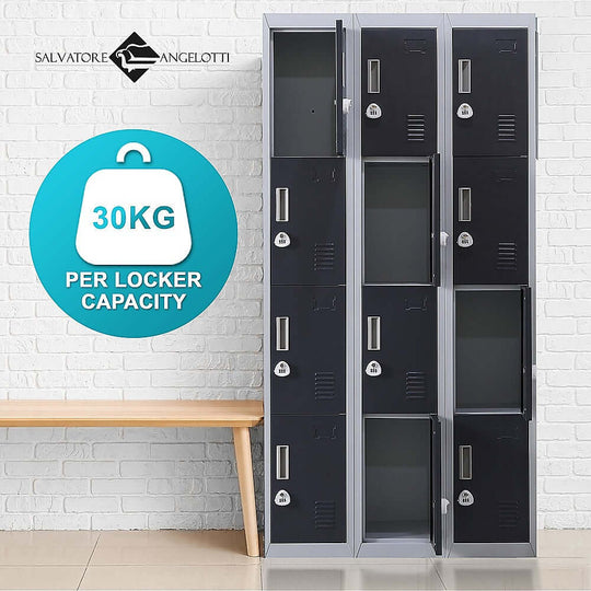 12-door locker unit with a 30kg capacity per locker, ideal for affordable and quality storage in offices, gyms, and schools.