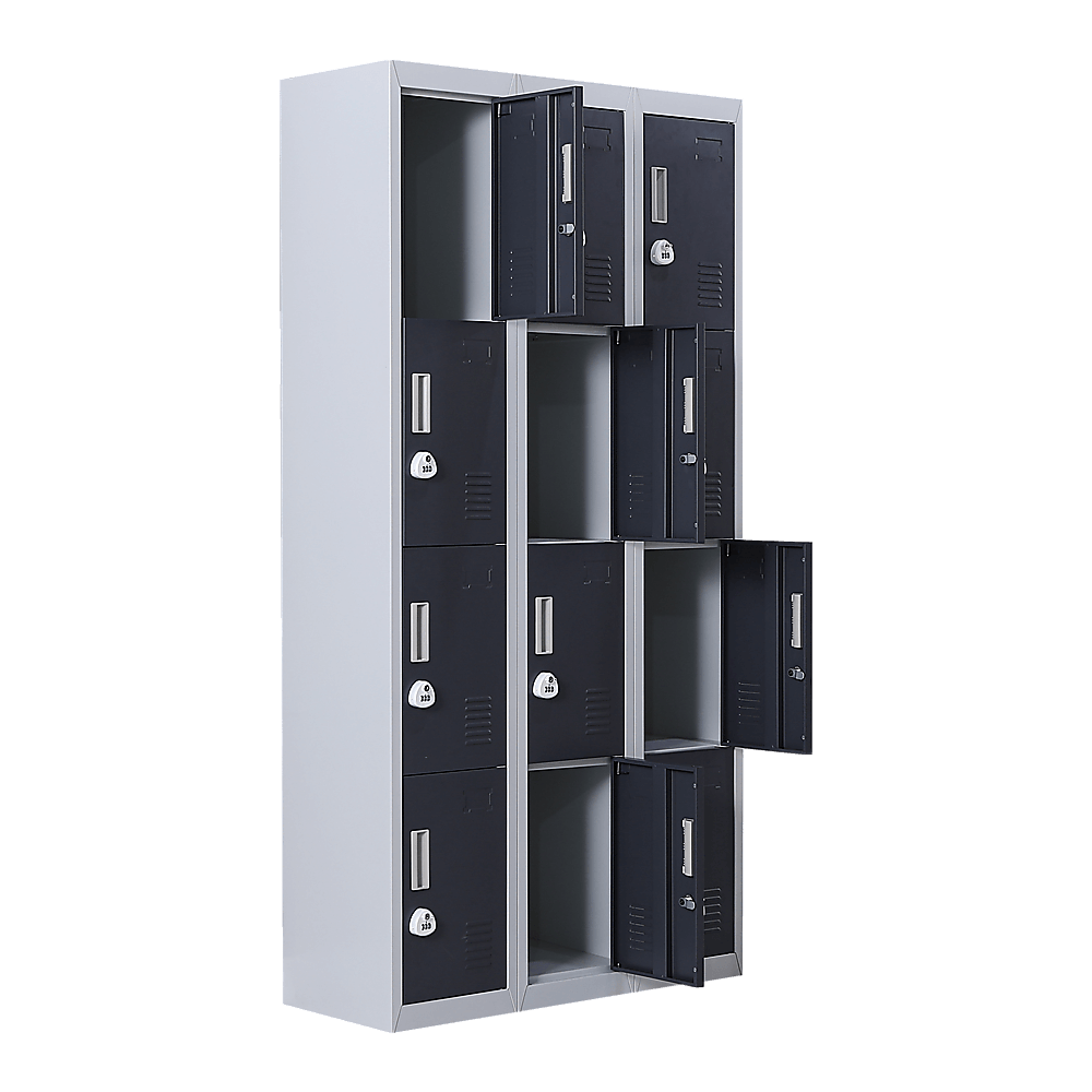 12-door locker for office, gym, or school with 3-digit combination locks, offering affordable and quality storage solutions.