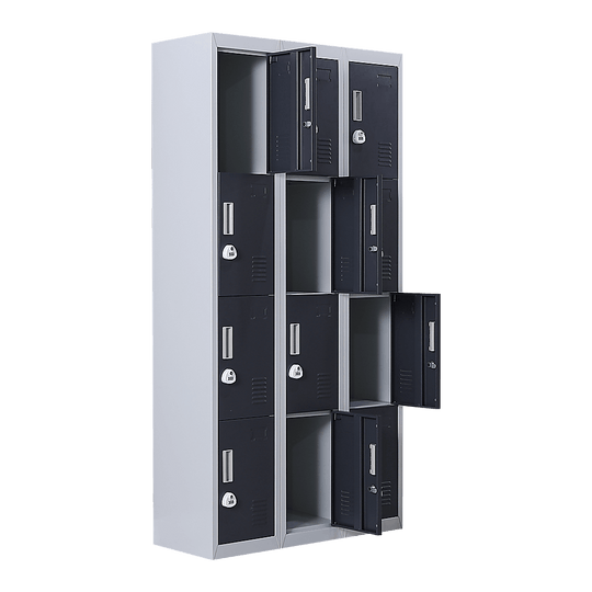 12-door locker for office, gym, or school with 3-digit combination locks, offering affordable and quality storage solutions.