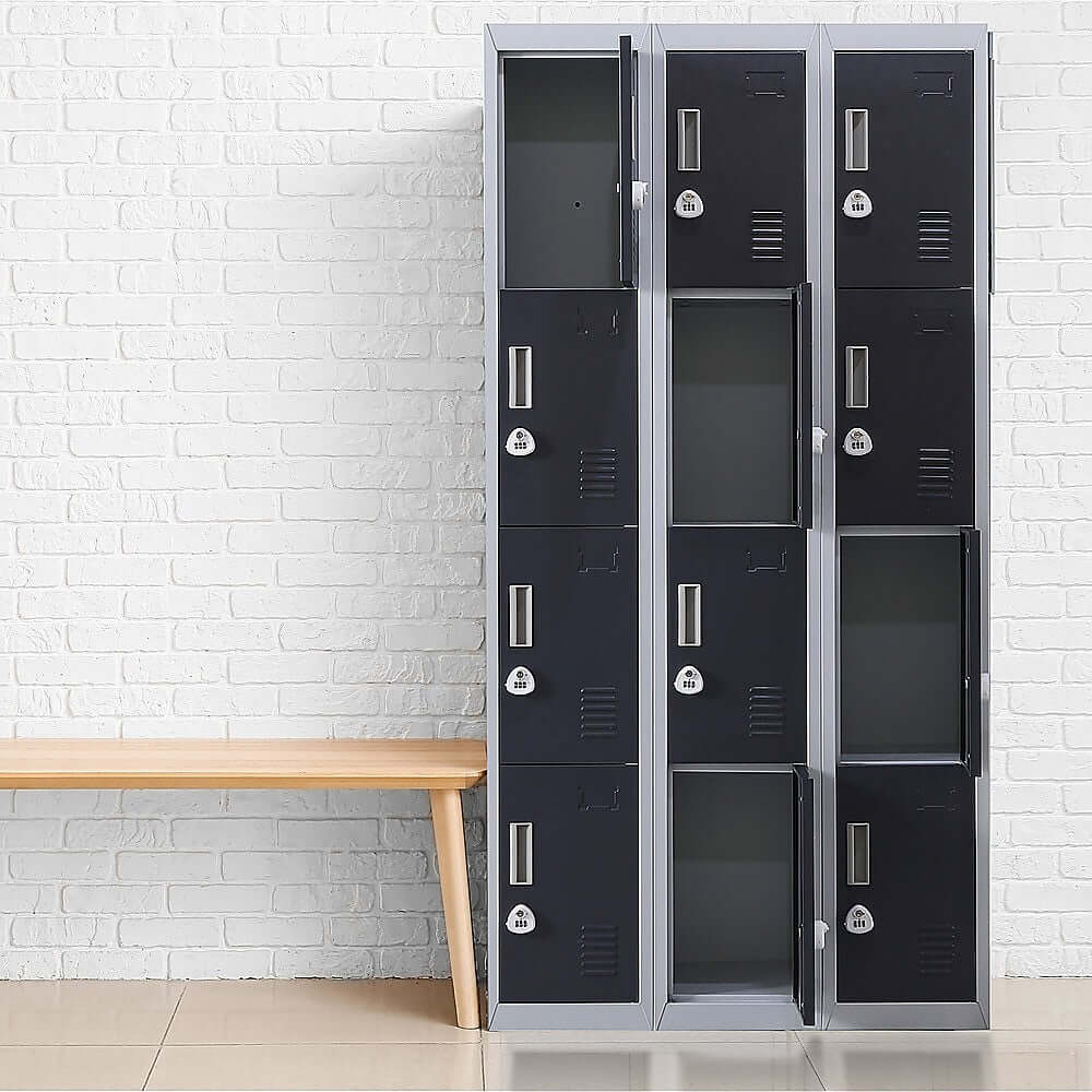 12-door locker storage solution for offices, gyms, and schools with a sleek design and 3-digit combination locks.