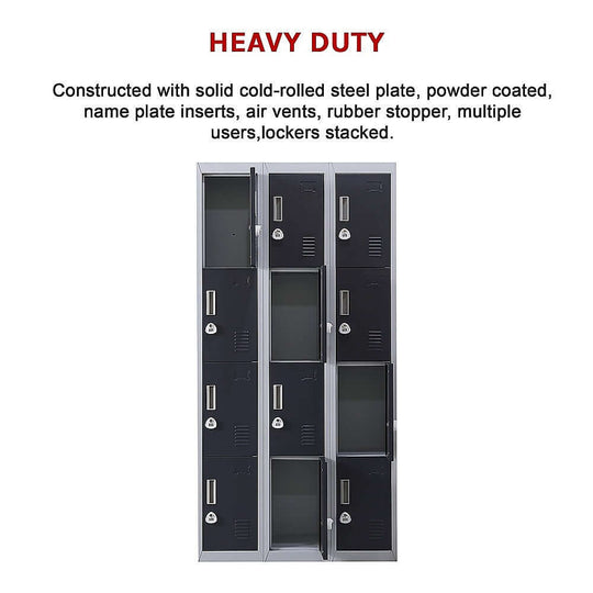 Heavy duty 12-door locker made of solid cold-rolled steel for multiple users, ideal for offices, gyms, and schools.